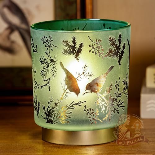 MJ PREMIER Cordless Battery Table Lamp with Timer, Teal Glass Shade