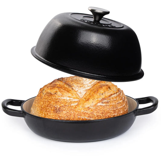Enamelled Cast Iron Dutch Oven Pot Dutch Oven For Sourdough Bread Baking Cast Iron Bread Pot Black, 6 Quarts, 22cm by Nuovva