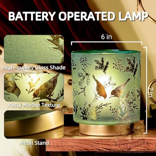 MJ PREMIER Cordless Battery Table Lamp with Timer, Teal Glass Shade