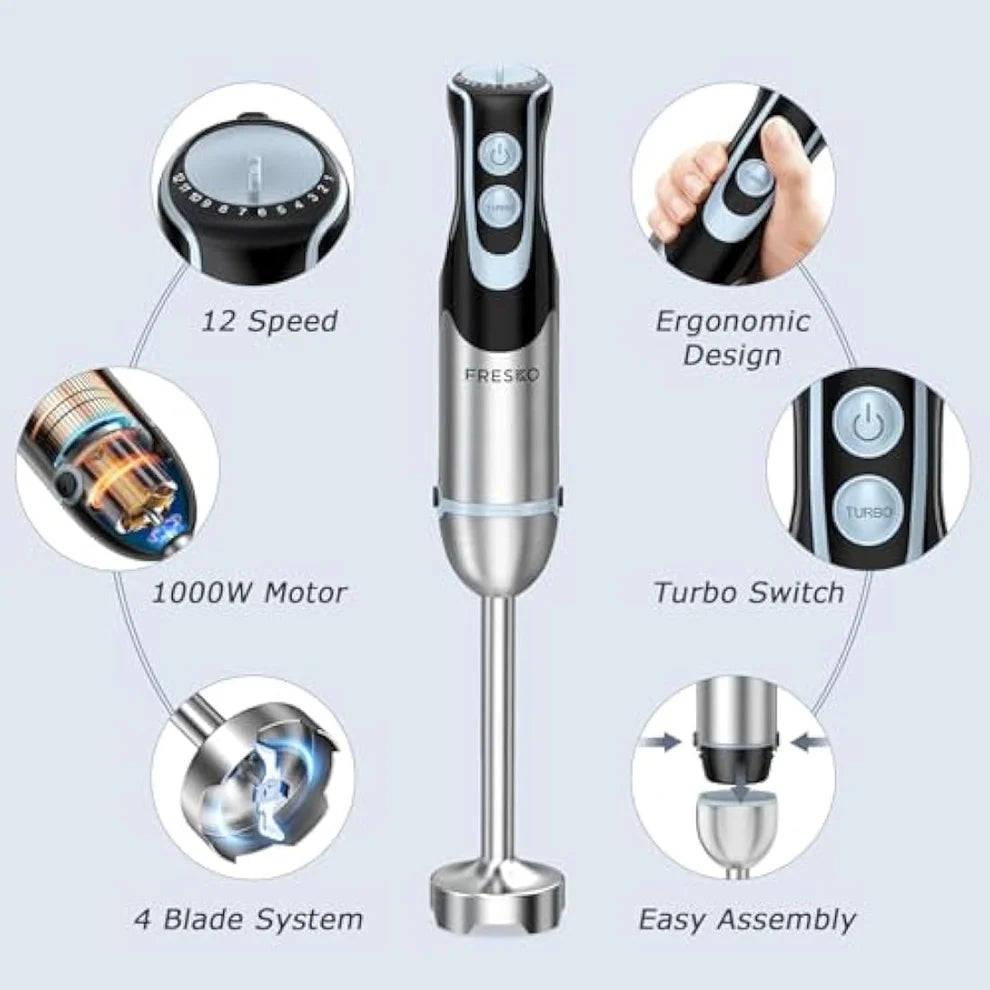 FRESKO Hand Blender 4-in-1, 1000W Electric Stick Blender Stainless Steel with 12-Speeds & Turbo Mode, Baby Food Immersion Blender Handheld with Whisk，700ml Measuring Cup & 500ml Chopper